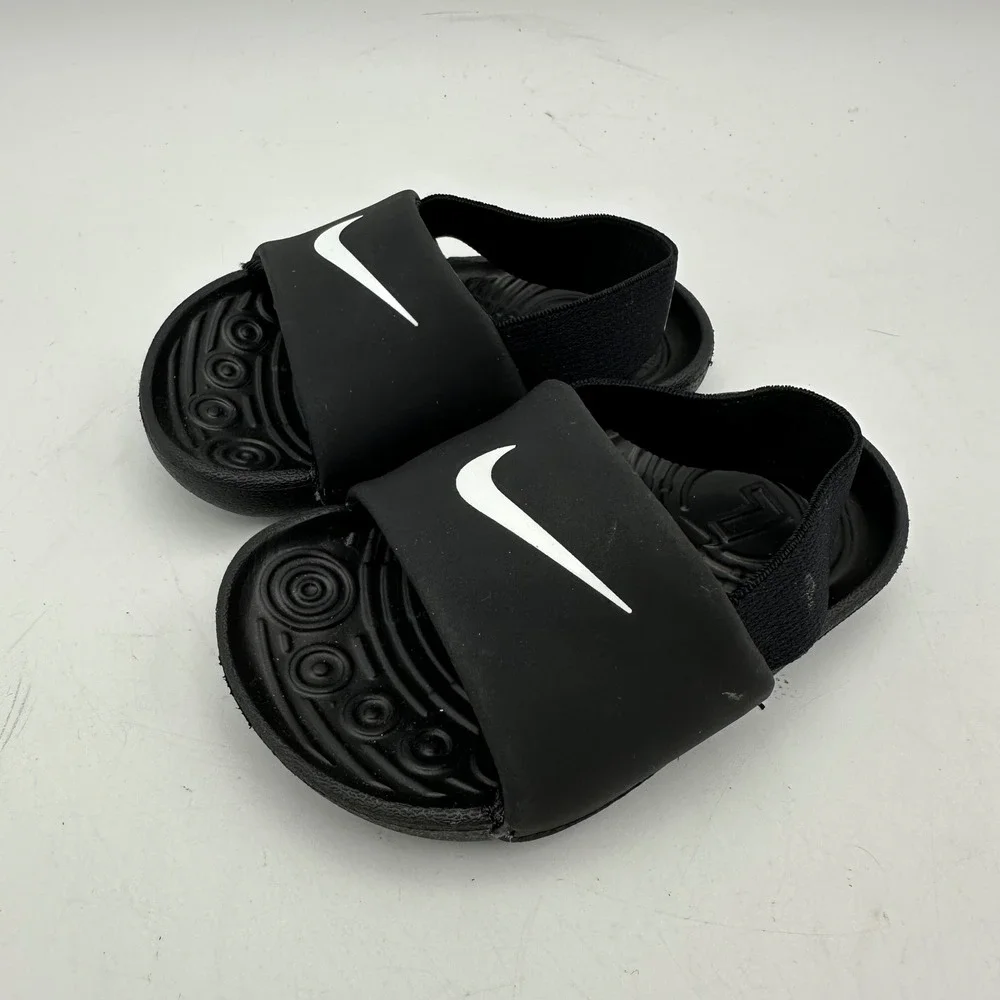Nike Kawa Slide Toddler 4C Black White Swoosh Elastic Heel Strap BV1094-001